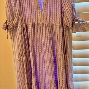 English Factory Lavender Plaid Tiered Midi Dress with Puff Sleeve & Ties, Size M